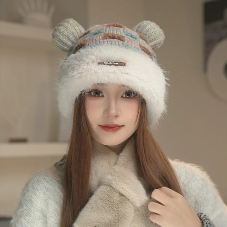 可爱毛绒小熊耳朵针织毛线帽