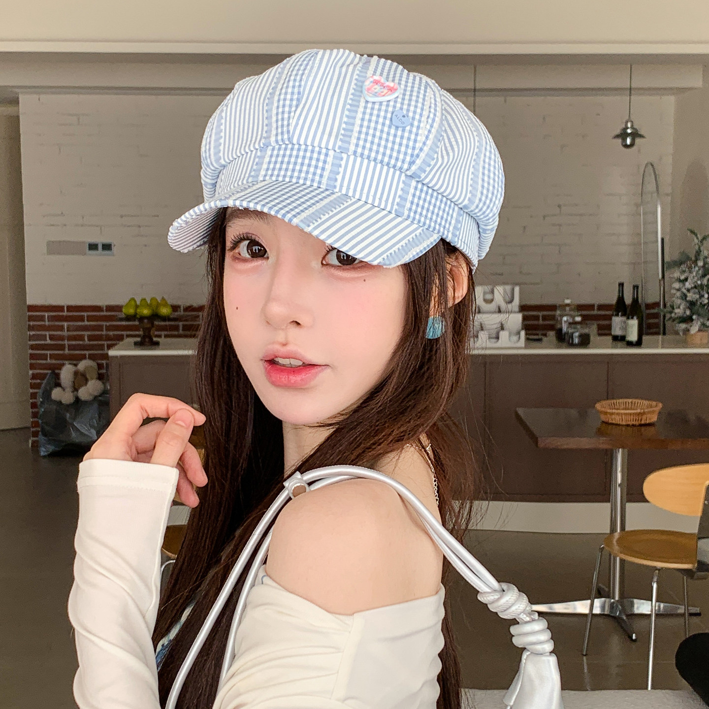日系纽扣格纹八角帽子女