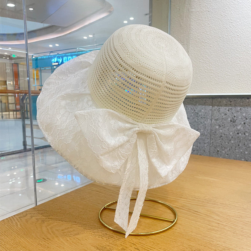 夏季遮阳防晒渔夫帽子女蝴蝶结防紫外线可折叠镂空蕾丝透气太阳帽