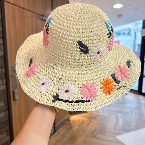 田园花刺绣草编大檐防晒帽女