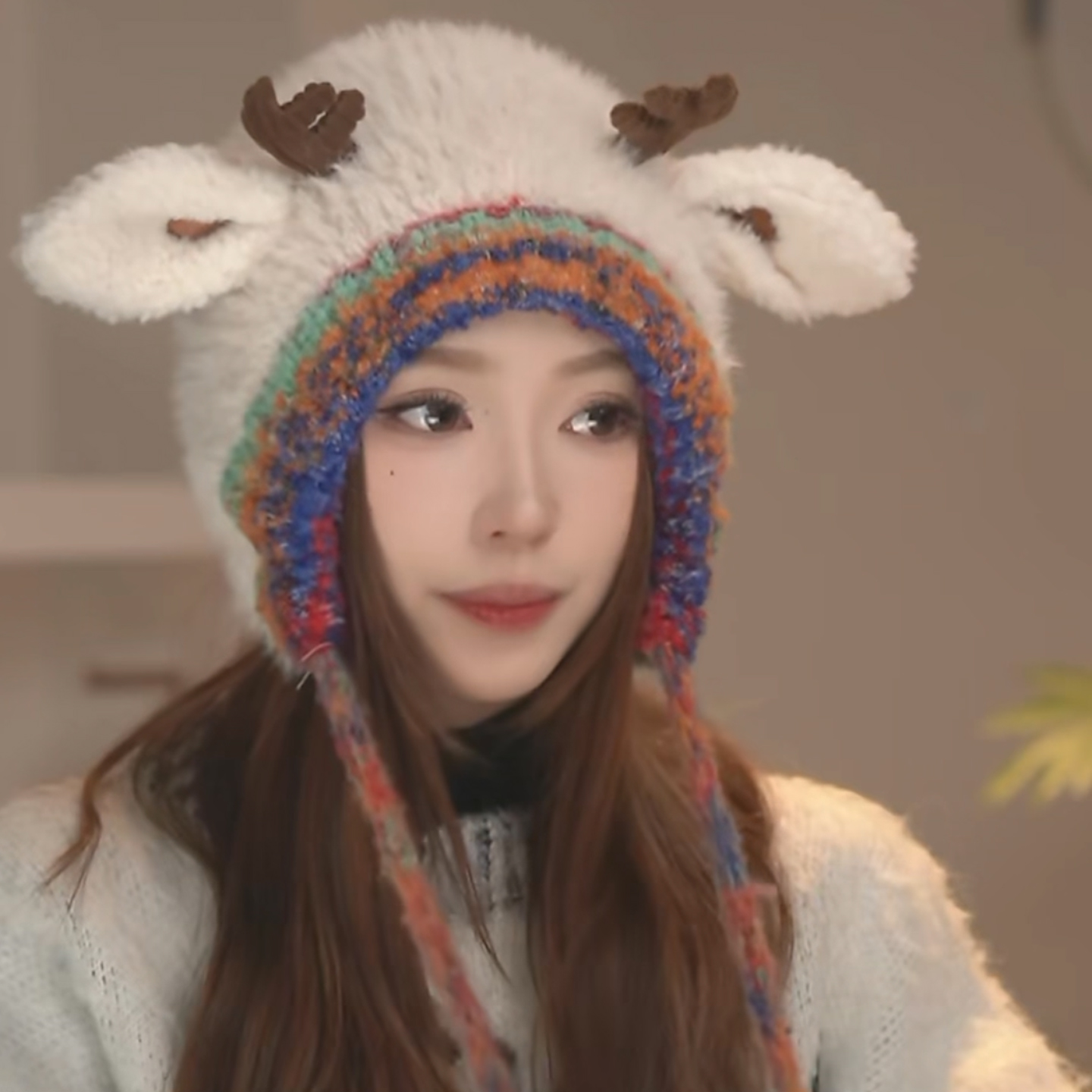 2025新款圣诞鹿角毛绒针织帽