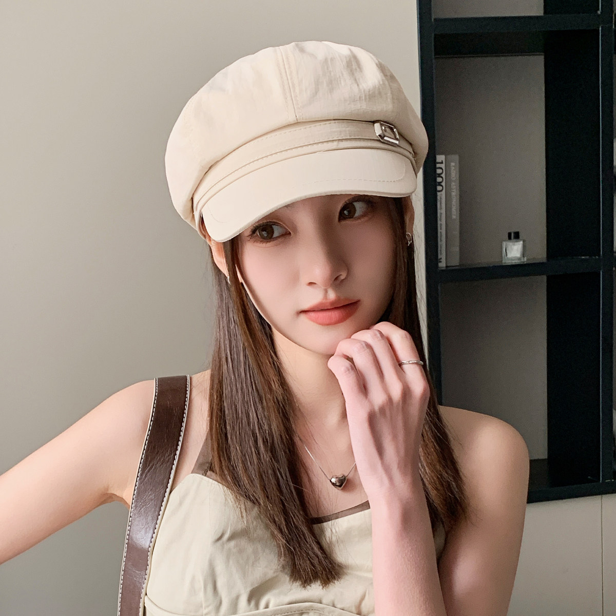 纯色韩版皮扣八角帽子女