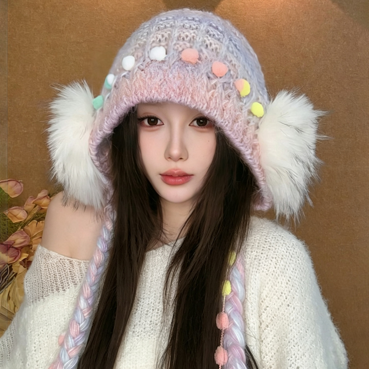 韩系系带毛绒针织帽秋冬保暖女款