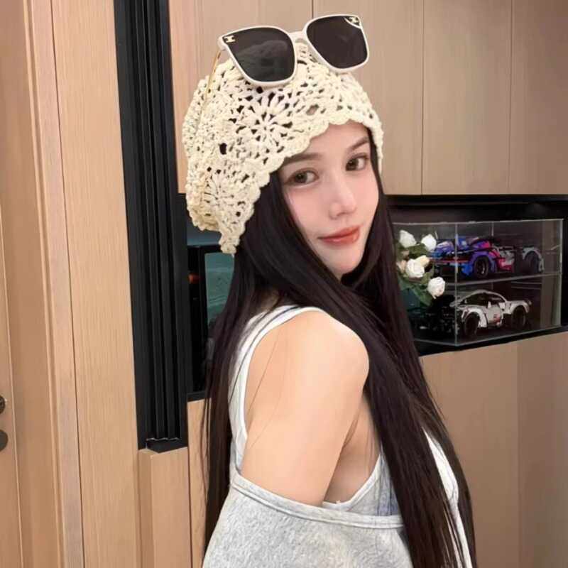 日系手工编织包头帽女春秋镂空毛线帽复古文艺针织帽大头围堆堆帽