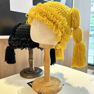 秋冬新款手工编织毛线帽子女可爱搞怪假发辫子二次元软妹保暖冷帽