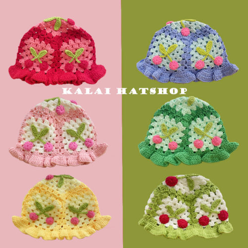 痞幼款樱桃手工编织针织毛线帽子