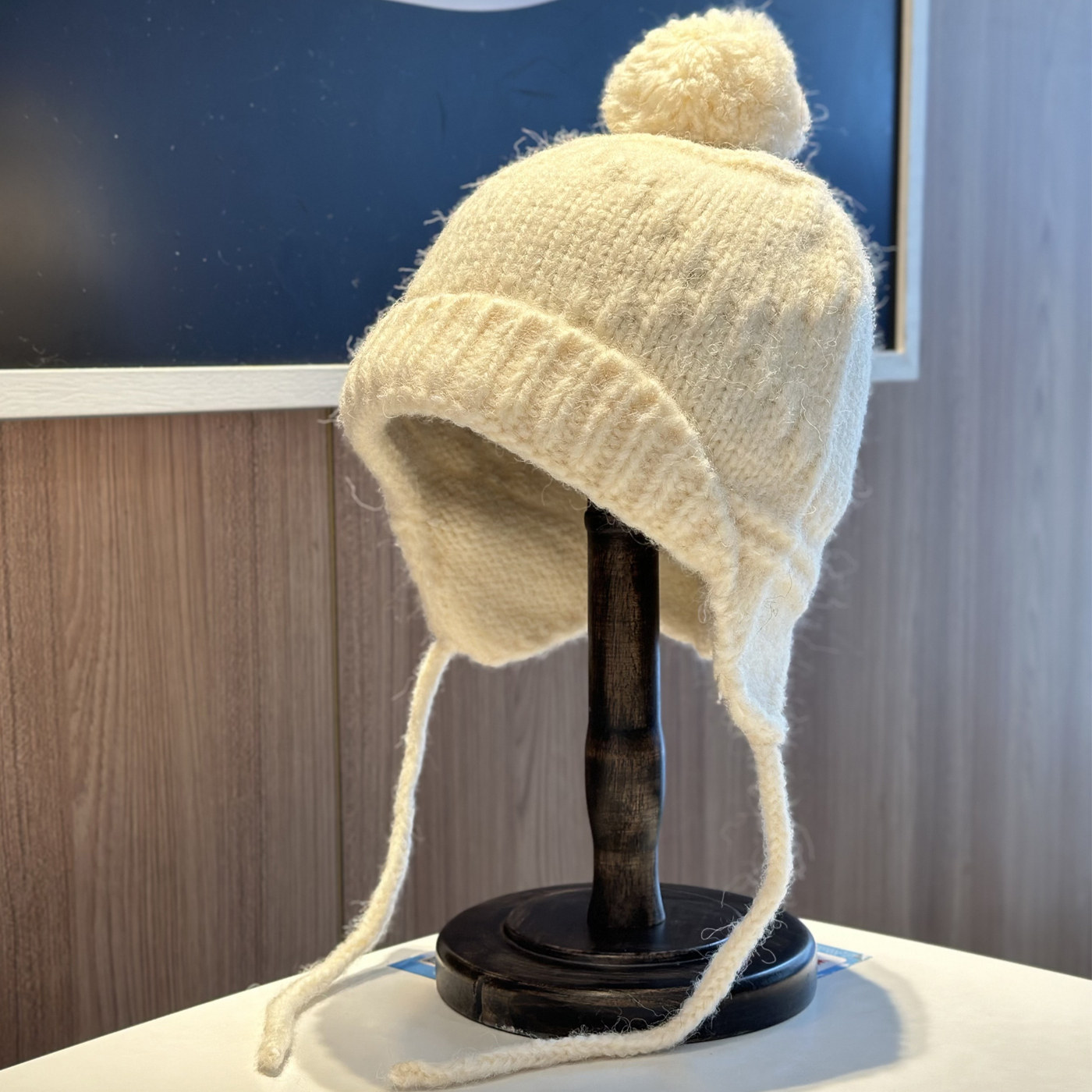 韩系氛围感毛球针织护耳帽子女冬季保暖显脸小绑带毛线帽纯色简约