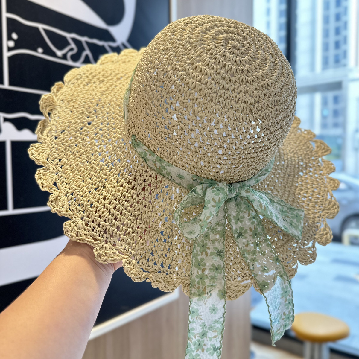蕾丝蝴蝶结草帽子女赫本风碎花飘带夏季出游大帽檐镂空透气防晒帽