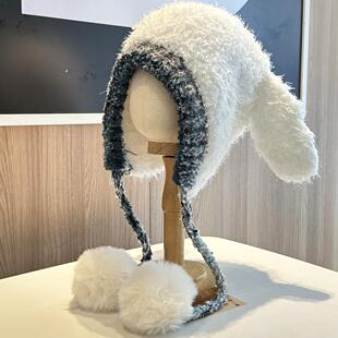可爱兔耳朵雷锋帽子女秋冬帽包一体保暖显脸小加厚套头护耳针织帽