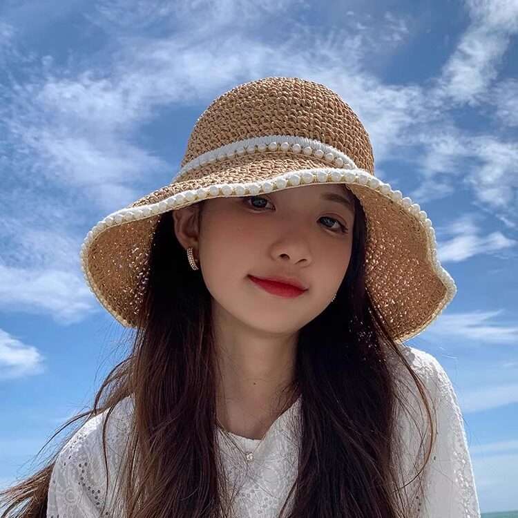 显脸小帽子女编织珍珠草帽夏季