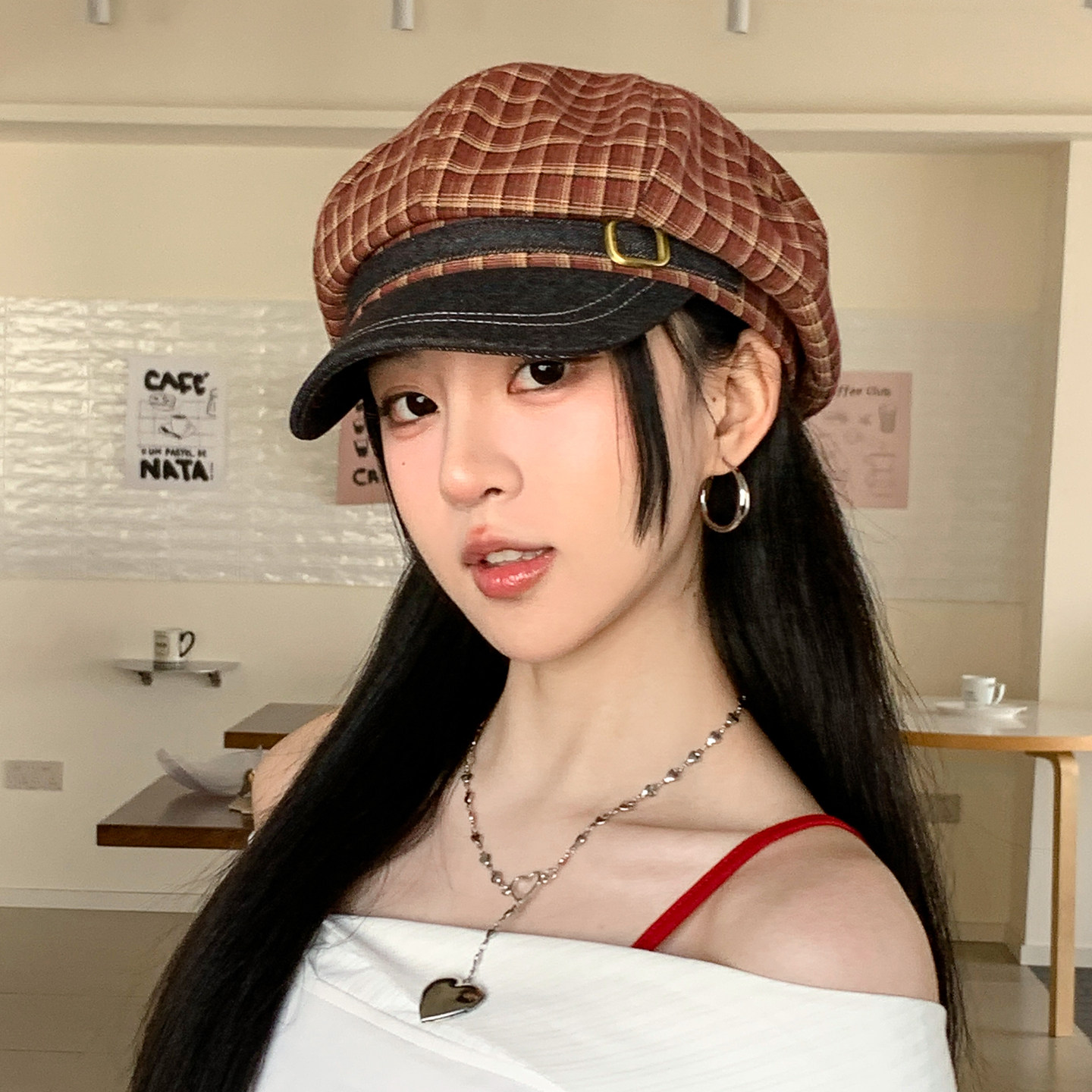 复古格纹八角帽子女春季