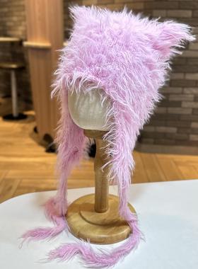 iu李知恩同款粉紫色针织帽子女多巴胺秋冬可爱猫耳朵毛线雷锋帽潮