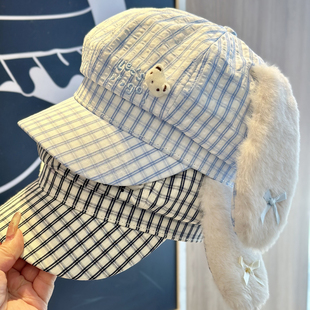 格子兔耳朵八角帽子女夏季大帽檐防晒遮阳帽显脸小透气鸭舌帽出游