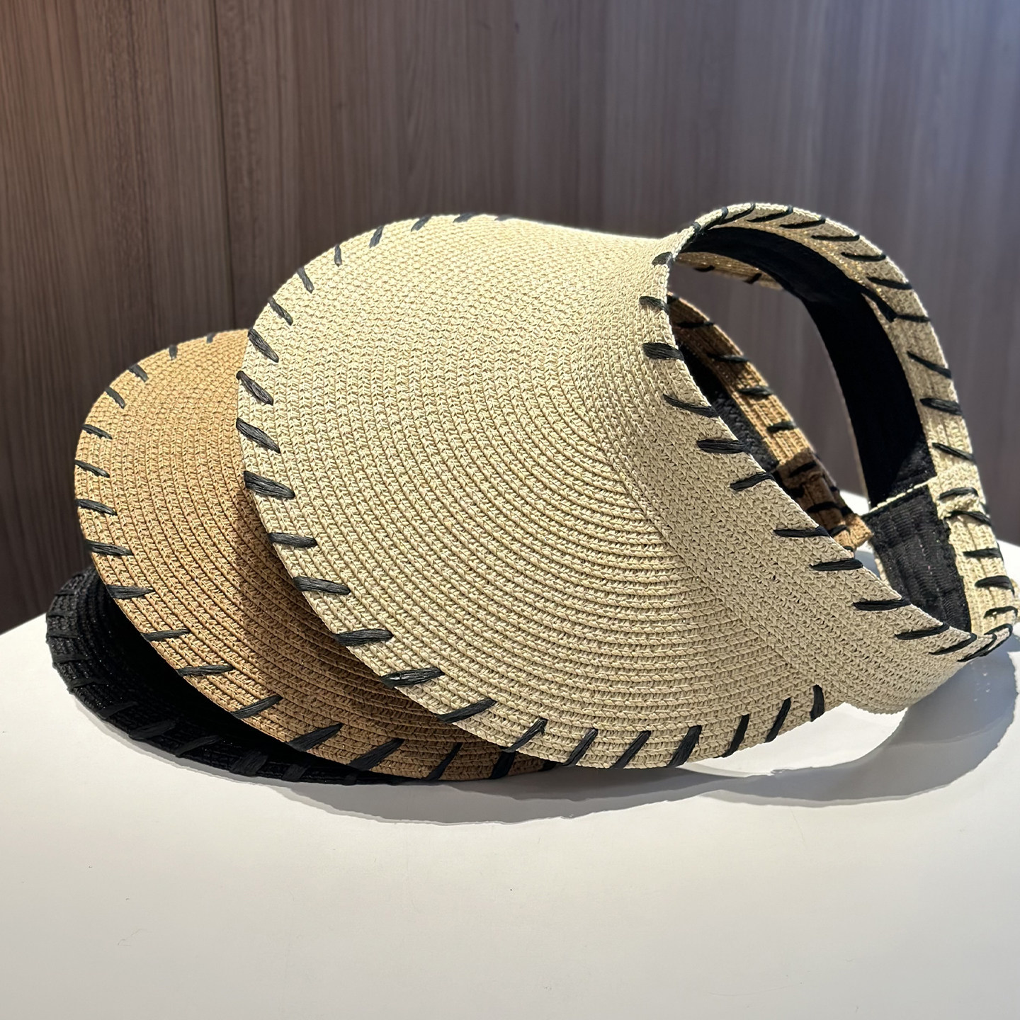 手工缝线草编空顶帽子女夏季大帽檐显脸小防紫外线遮阳防晒沙滩帽