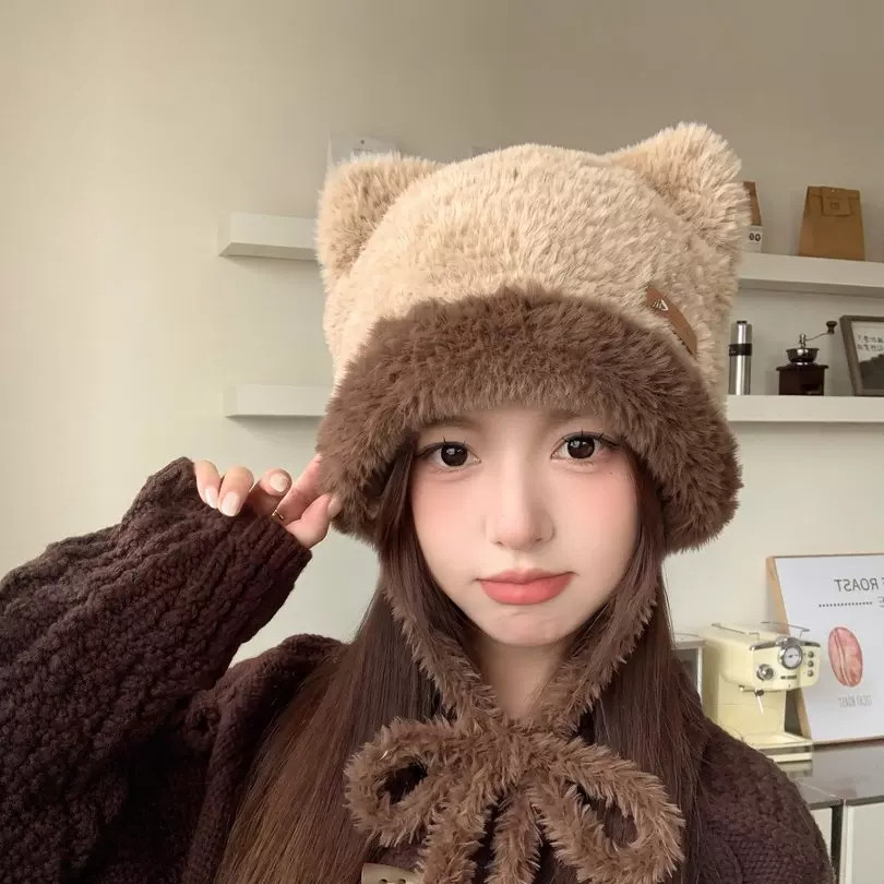 秋冬保暖小熊耳毛绒渔夫帽女