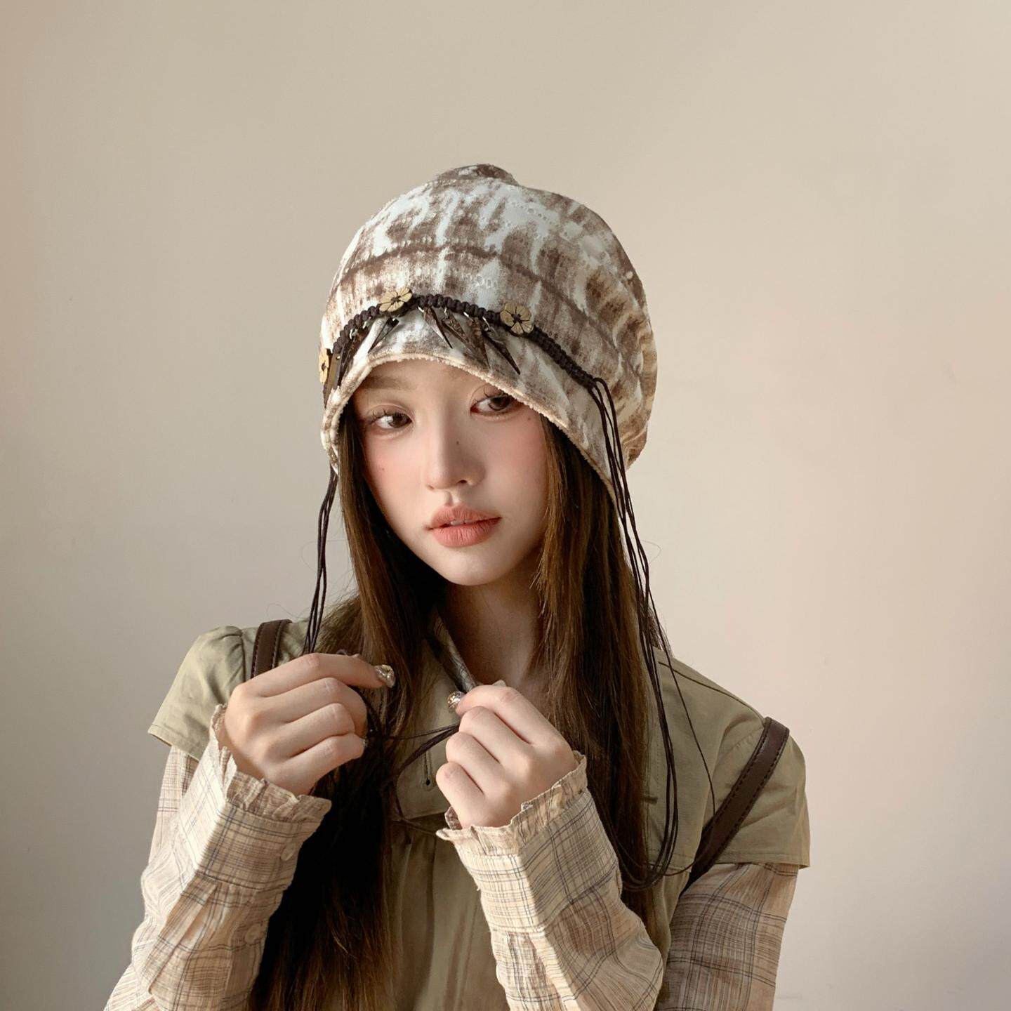 复古扎染百搭堆堆帽女显脸小
