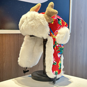 东北大花毛绒雷锋帽子男女冬季 可爱鹿角加厚保暖防寒护耳帽情侣