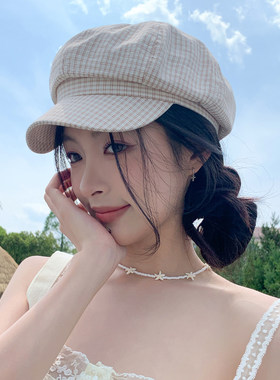 韩系格纹八角帽子女款夏季