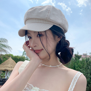 韩系格纹八角帽子女款夏季新款甜美系显脸小画家帽休闲百搭报童帽