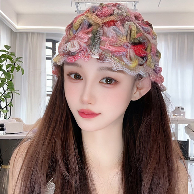 手工编织花朵渐变针织套头帽女2025新款春夏镂空透气包头帽显脸小