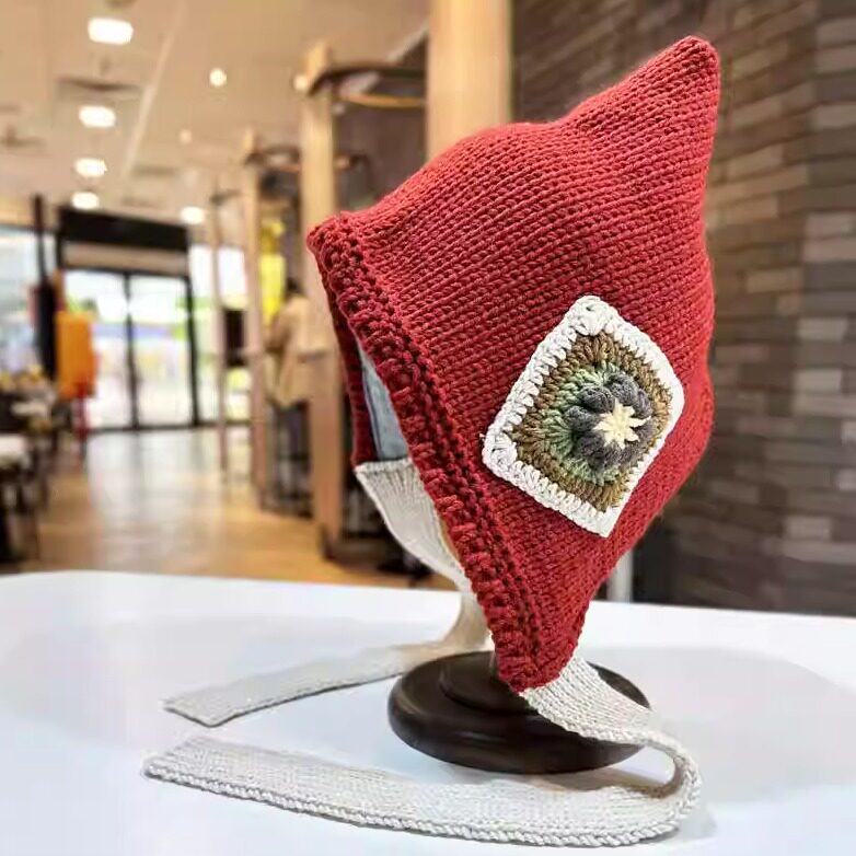 花朵针织毛线帽女时尚刺绣