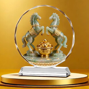 双马聚宝盆水晶摆件招财家居装饰品乔迁客厅开业送礼2026马年摆台