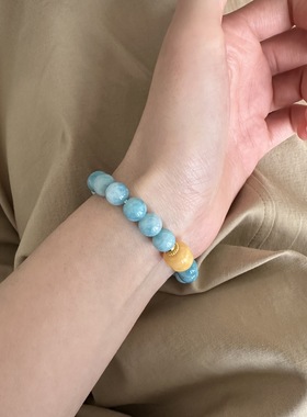 925纯银优化海纹石串珠手链女手工弹力绳款设计黄玉石手串