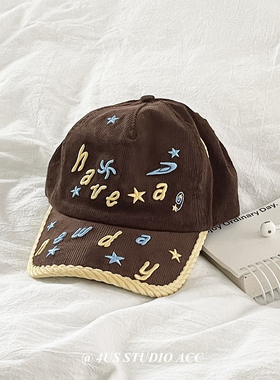 秋季新款重工刺绣灯芯绒鸭舌帽女撞色包边街头潮牌棒球帽男显脸小