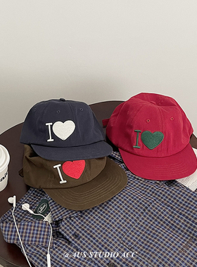 韩国ig博主同款复古爱心刺绣平檐鸭舌帽女小众街头潮牌软顶棒球帽