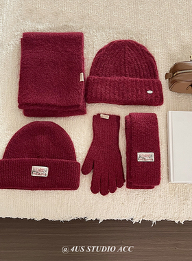 2024冬季新款安哥拉红色羊毛混纺保暖针织围巾针织毛线帽子手套女