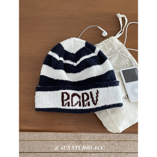 韩国ig博主同款撞色条纹针织冷帽女小众穿搭氛围感包头帽男毛线帽