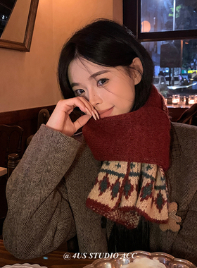 韩版百搭加厚保暖高级感新年红色围巾女冬季圣诞针织毛线学生围脖