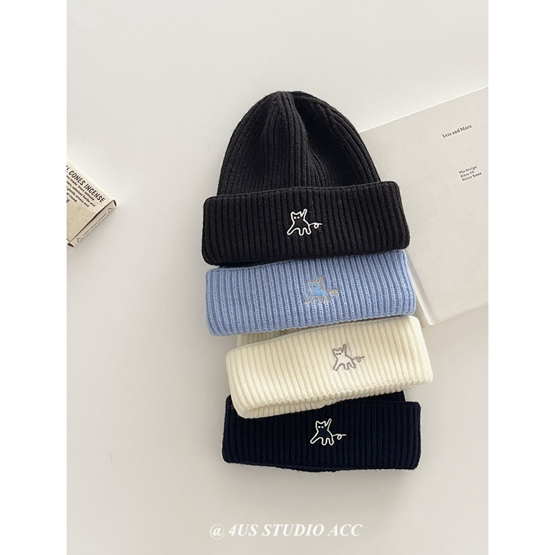 韩系百搭可爱小猫刺绣毛线帽