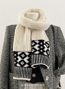 一秒韩博主24秋冬新款极简风提花围巾女冬季加厚保暖学生针织围脖