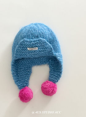 韩版ins秋冬马海毛绒护耳雷锋帽撞色毛球护耳保暖针织帽女显脸小