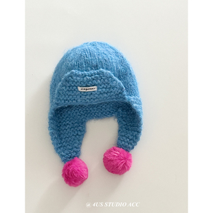 韩版 ins秋冬马海毛绒护耳雷锋帽撞色毛球护耳保暖针织帽女显脸小