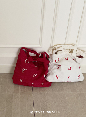 韩国ig博主同款氛围感复古红色灯芯绒托特包女通勤大容量单肩布包