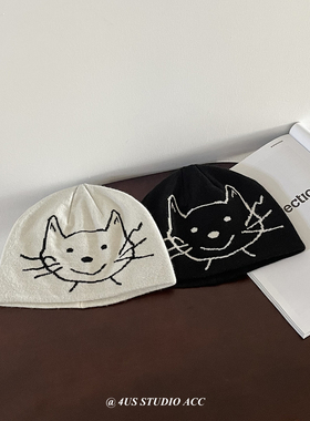 韩版可爱猫咪提花毛线帽女秋冬季保暖包头帽显脸小护耳针织帽冷帽