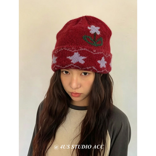 韩系氛围感甜美花朵提花针织帽