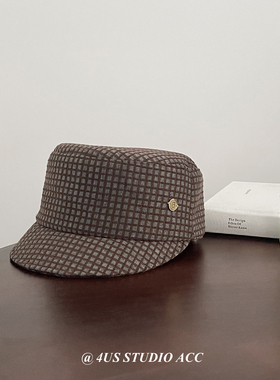 小众红棕格子平顶马术帽女早秋新款短檐复古骑士帽显脸小鸭舌帽潮