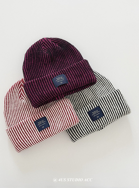 秋冬新款复古条纹毛线帽子女韩版百搭情侣保暖布标护耳针织帽潮男