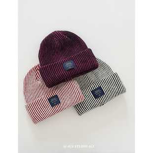 秋冬新款 百搭情侣保暖布标护耳针织帽潮男 复古条纹毛线帽子女韩版