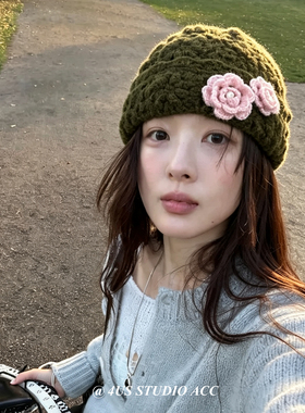 韩系手工钩织撞色花朵针织帽