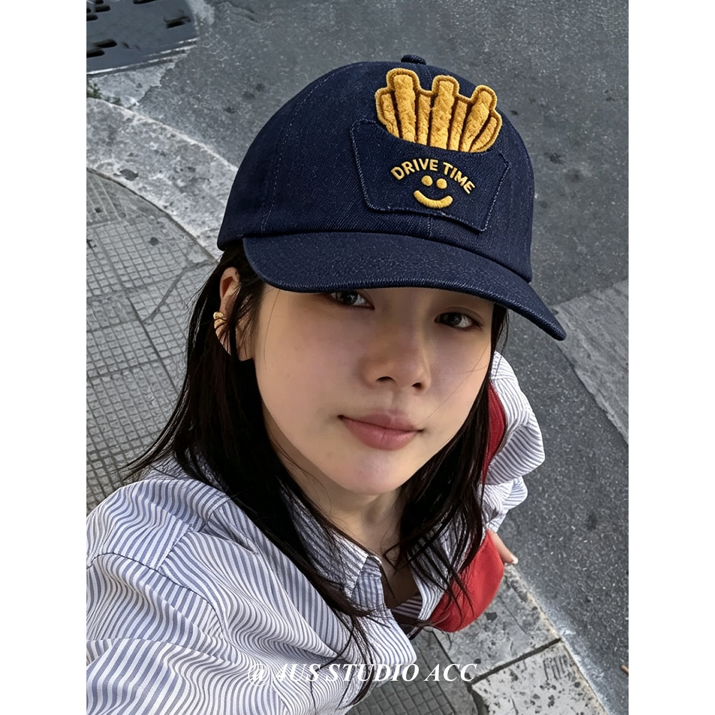 小众复古牛仔刺绣棒球帽男女通用可爱立体薯条鸭舌帽显脸小遮阳帽