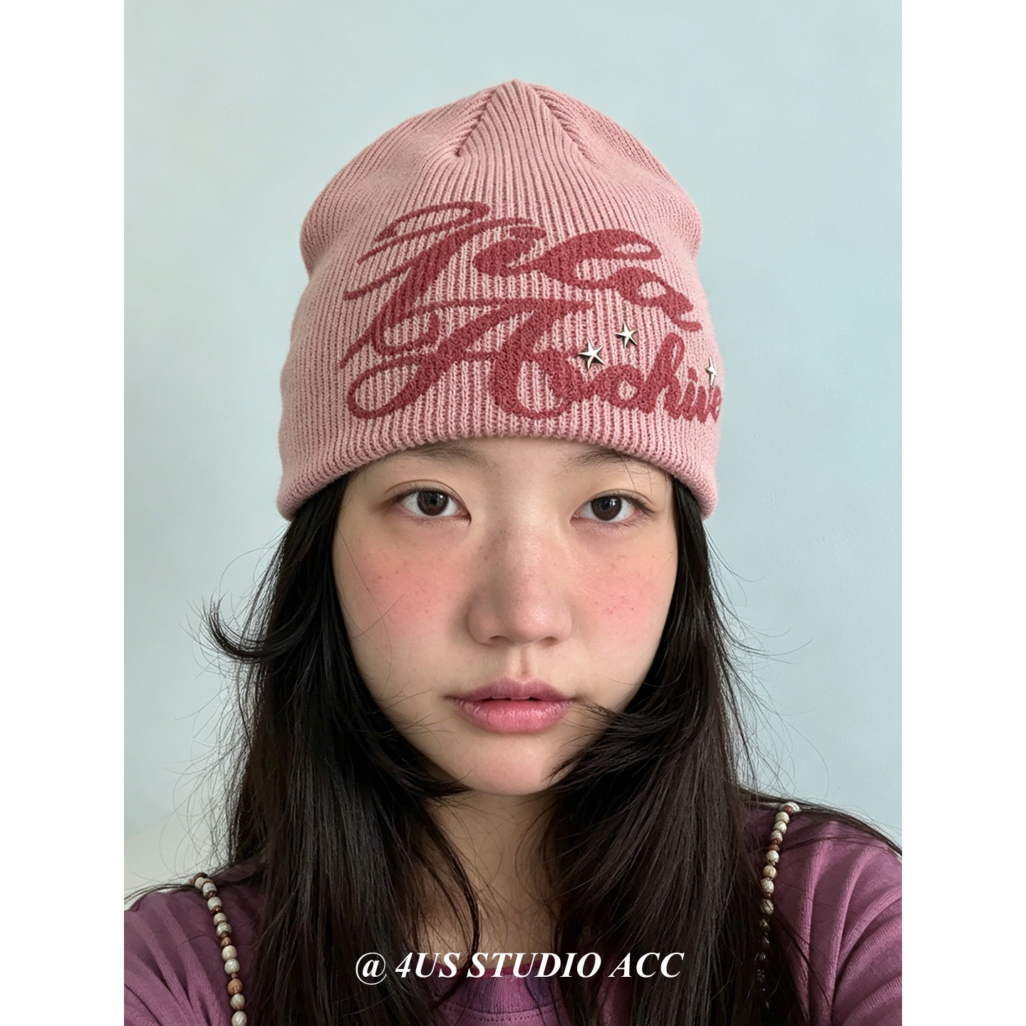 y2k嘻哈字母印花针织帽女秋冬保暖铆钉五角星冷帽百搭套头毛线帽