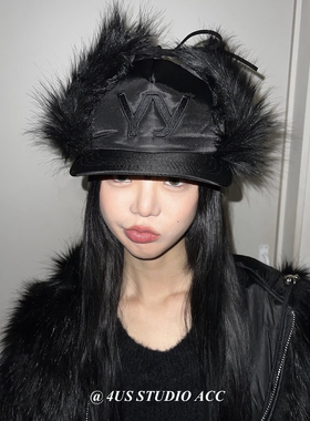 宁艺卓同款黑色YY鸭舌帽女秋冬保暖护耳雷锋帽显脸小仿皮草飞行帽