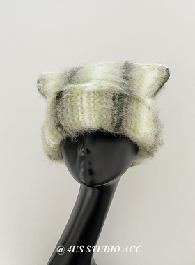 手工钩织毛线帽女冬季混色拉毛针织帽小众猫耳造型护耳帽子显脸小