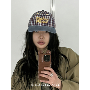 韩国ig博主同款格纹拼接字母刺绣棒球帽女春季新款鸭舌帽男显脸小
