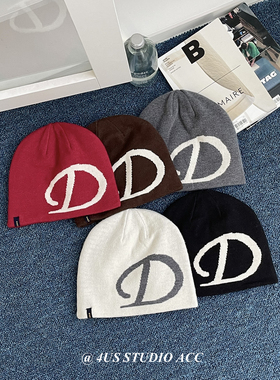 美式街头D字母提花双面戴针织毛线帽女嘻哈滑板护耳套头冷帽秋冬