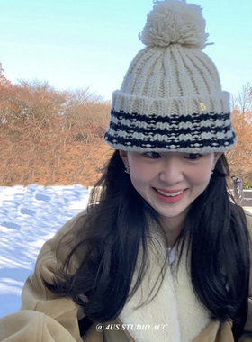 2023秋冬新款韩国小众条纹毛球针织帽女加厚保暖大头围护耳毛线帽